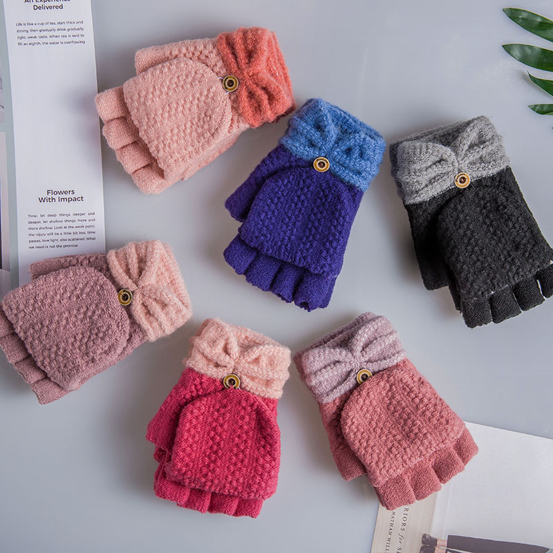 Gloves flip bow-tie Korean version of warm gloves half-finger gloves manufacturers direct