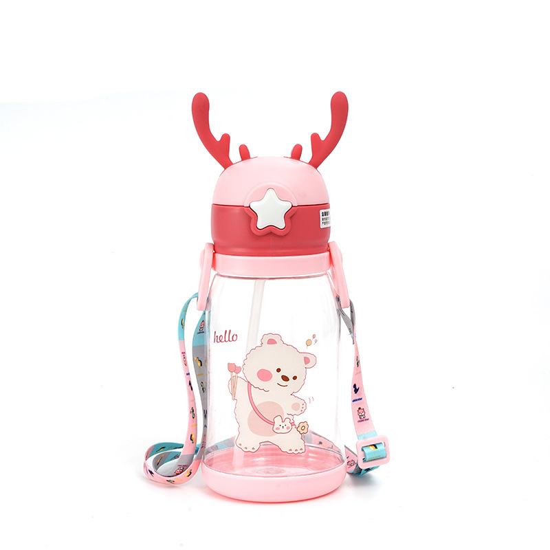 Antlers Children&#039;s Plastic Cup Outdoor Portable Lanyard Strap Sports Cup Fashion Cartoon Straw Cup Festival Gift Cup