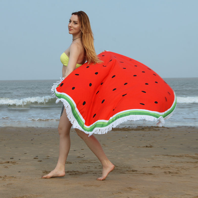 Hot Sale Active Printing Watermelon Round Beach Towel Microfiber Blanket with Tassel