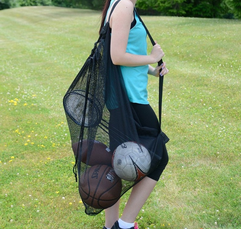 Factory Customized Large Capacity Football Basketball Net Bag Drawstring Buggy Bag Easy to Carry Front Pocket