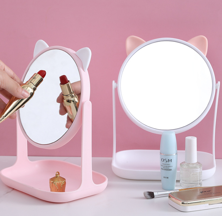 Desktop Rotatable Makeup Mirror with Stand HD Desktop Cat Ear Princess Mirror Student Removable Beauty Dressing Mirror
