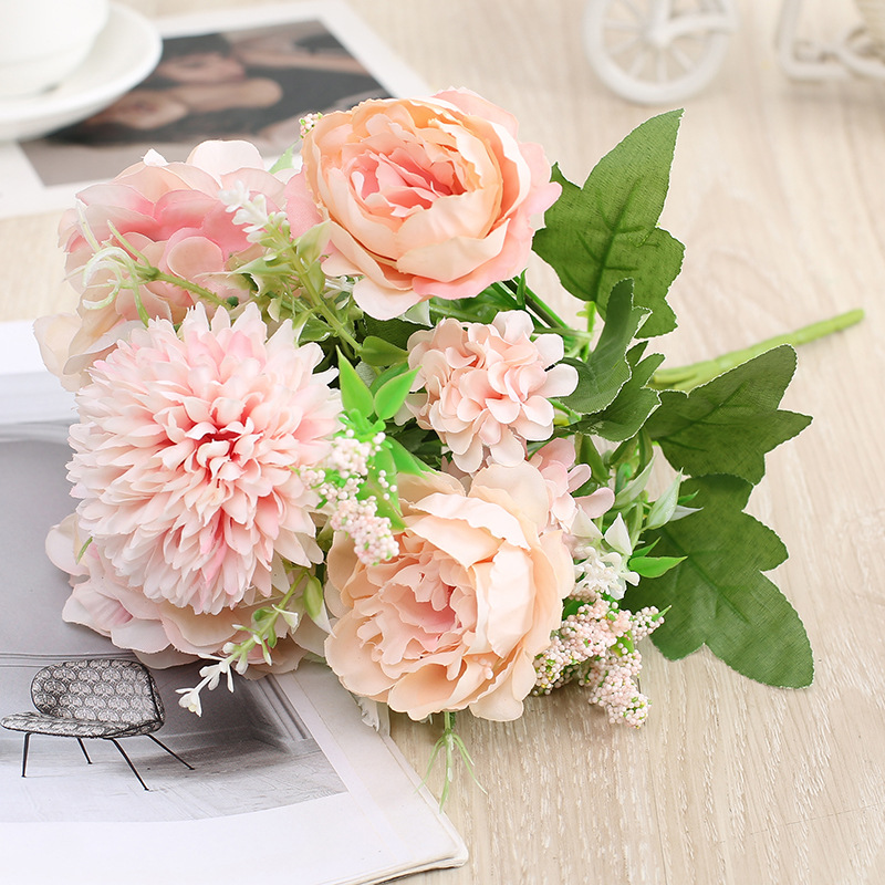 Peony Artificial Flower Wedding Flower Bouquet Wall Road Lead Hand Holding Home Decorative Fake Flower Hydrangea Bunch of Flowers Cross-Border Bouquet