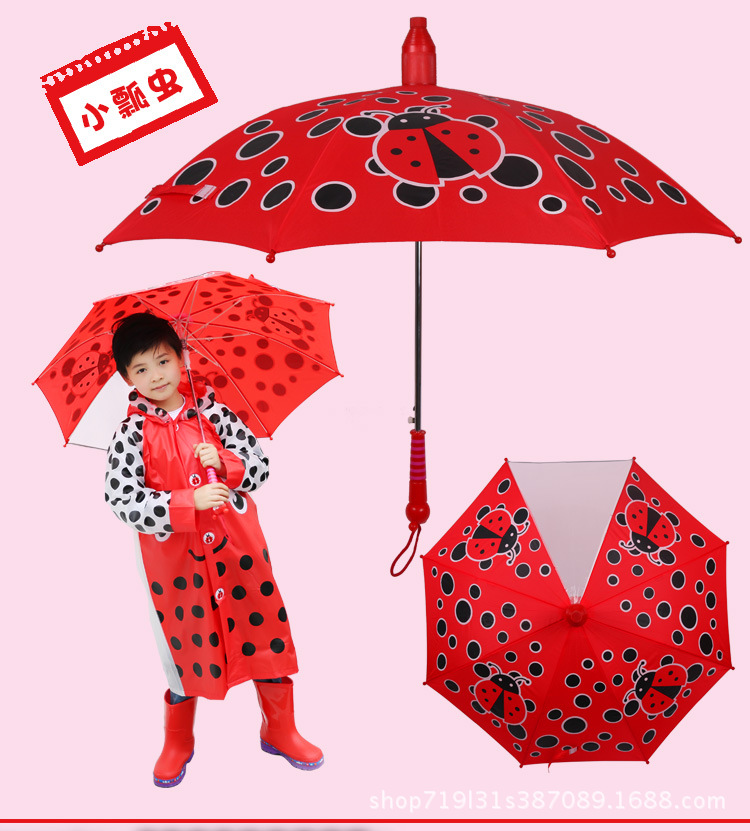 Ladybug Children's Umbrella Primary School Kindergarten Long Handle Umbrella Baby Girl 6-12 Years Old Children with Waterproof Umbrella Raincoat