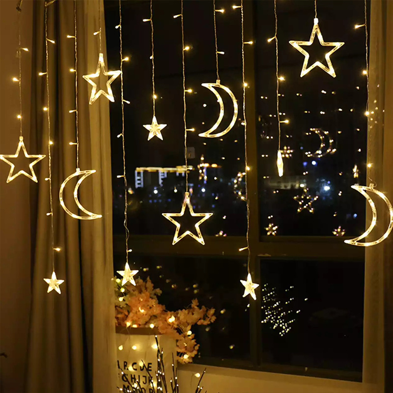 Cross-Border Led Star Moon Curtain Light Plug-in Solar Energy Multiple Remote Control christmas lights