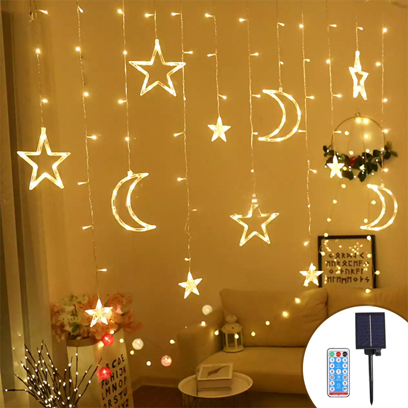 Cross-Border Led Star Moon Curtain Light Plug-in Solar Energy Multiple Remote Control christmas lights