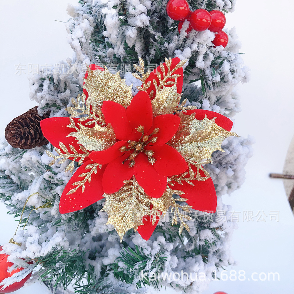 Christmas Decorative Ornaments Garland Decoration 14cm Upscale Gold Rimmed Red Christmas Flower Factory Direct Sales Wholesale