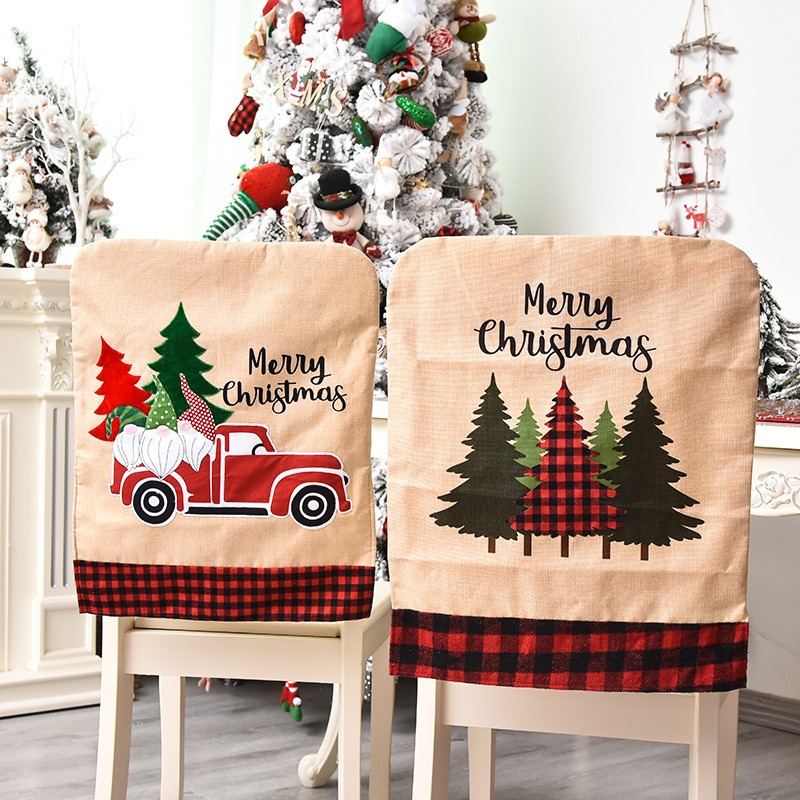 2020 New Christmas Decorative Chair Cover Creative Cartoon Machine Embroidered Linen Christmas Flower Chair Back Cover Car Cushion Case