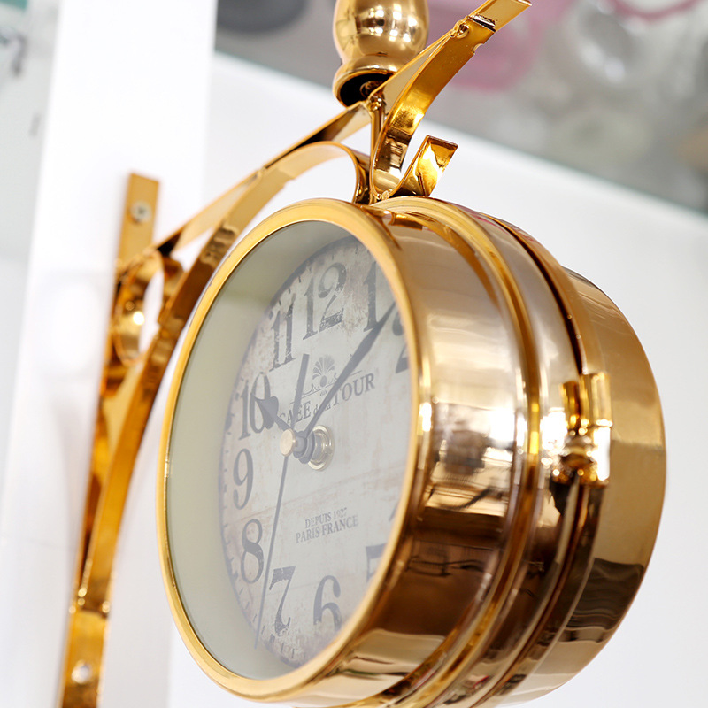 European - style double - sided wall clock golden yellow retro ironwork decorative clock home decoration metal silent clocks