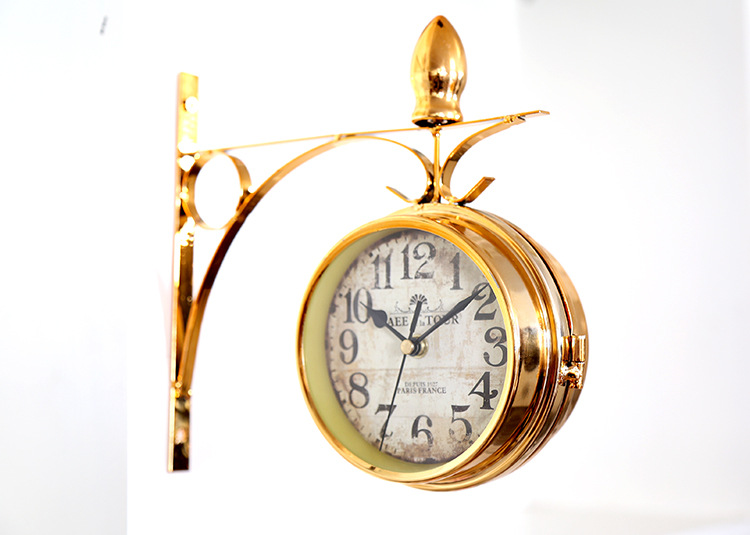 European - style double - sided wall clock golden yellow retro ironwork decorative clock home decoration metal silent clocks European - style double - sided wall clock golden yellow retro ironwork decorative clock home decoration metal silent clocks