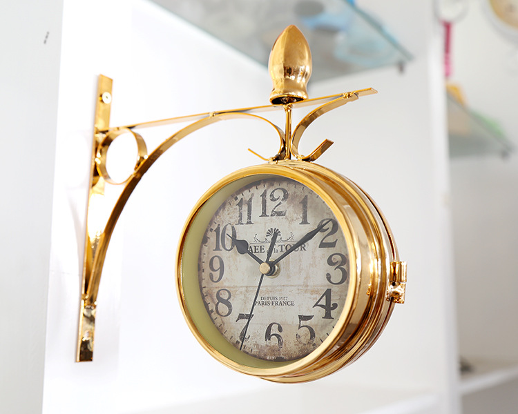 European - style double - sided wall clock golden yellow retro ironwork decorative clock home decoration metal silent clocks European - style double - sided wall clock golden yellow retro ironwork decorative clock home decoration metal silent clocks