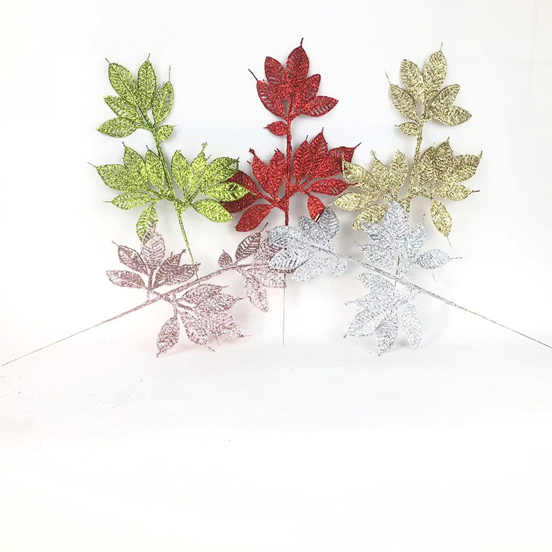 Plastic Flowers Artificial Flower Gold Powder Leaf Magic Color Series Christmas Flower Holiday Party Living Room Decoration Flower Branch Decorative Leaves