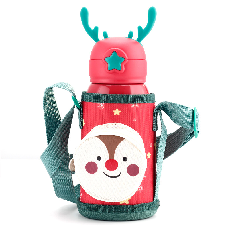 Christmas Children&#039;s Thermos Mug Large Capacity Antlers Baby Kindergarten Student Kettle Dual-Use Double Lid Straw Gift