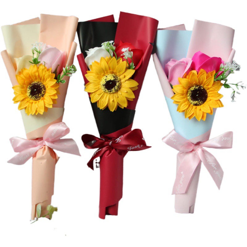 Factory Wholesale Creative Single Rose Sunflower Hand Holding Soap Bouquet Birthday Gift Christmas Graduation Season Activity