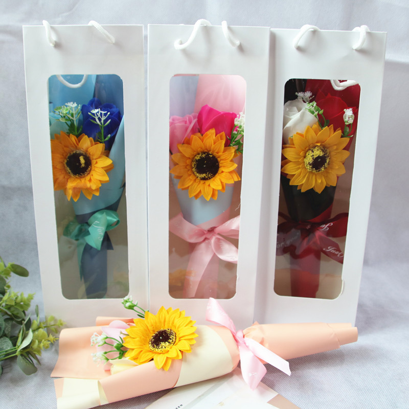 Factory Wholesale Creative Single Rose Sunflower Hand Holding Soap Bouquet Birthday Gift Christmas Graduation Season Activity