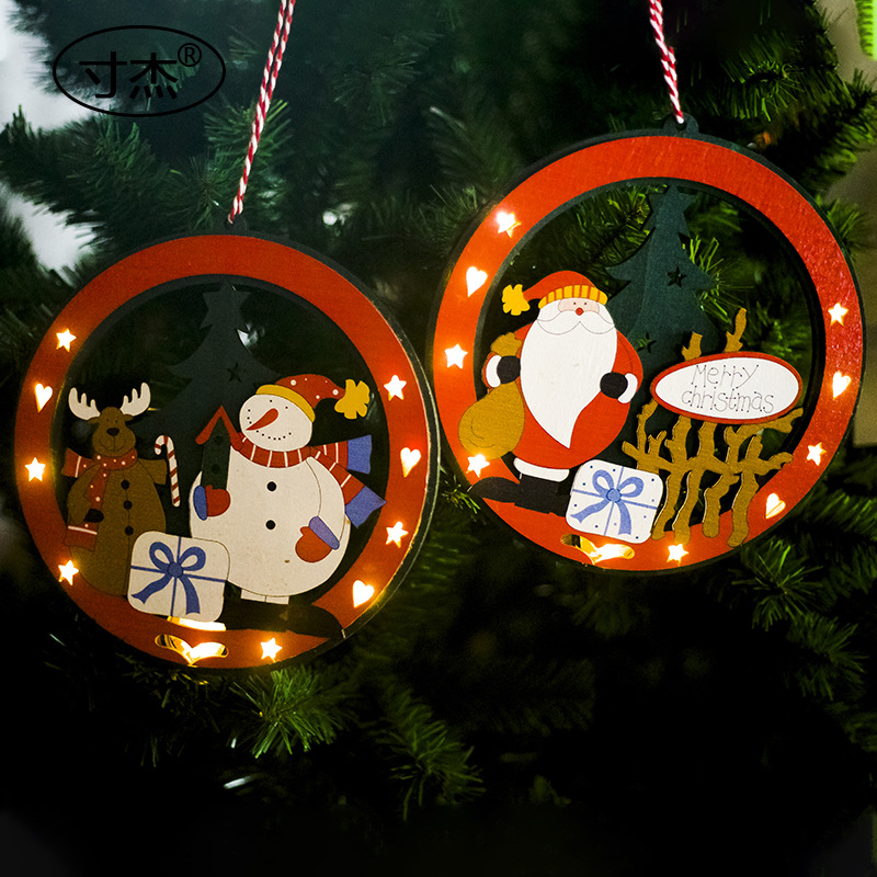 Inch Jie Christmas round decorative Pendant Christmas decorations, painted Christmas tree wood with lights hanging Ornaments