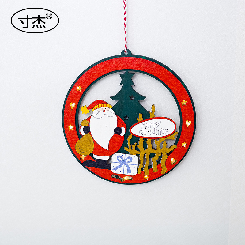 Inch Jie Christmas round decorative Pendant Christmas decorations, painted Christmas tree wood with lights hanging Ornaments