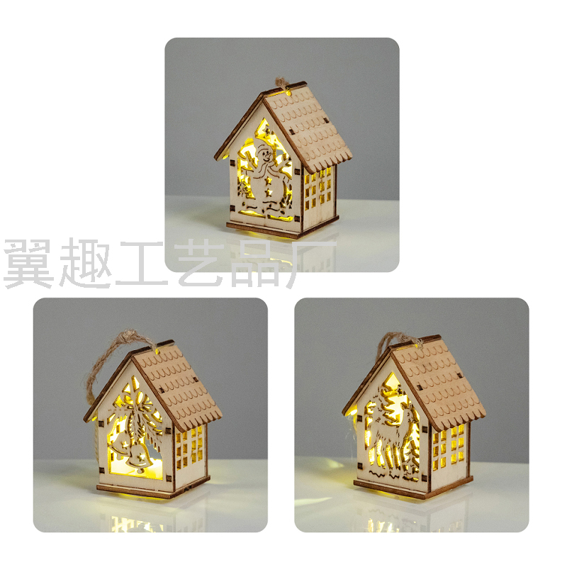 Christmas Crafts Luminous Cabin with Lights Colorful Wooden Small House Christmas Tree Decoration Pendant Wholesale