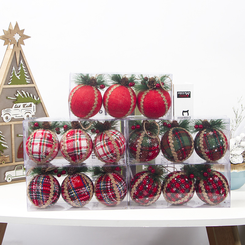 Cross-Border Amazon Christmas Decoration Pendant Simulation Pine Nuts Fabric Red Plaid Christmas ball