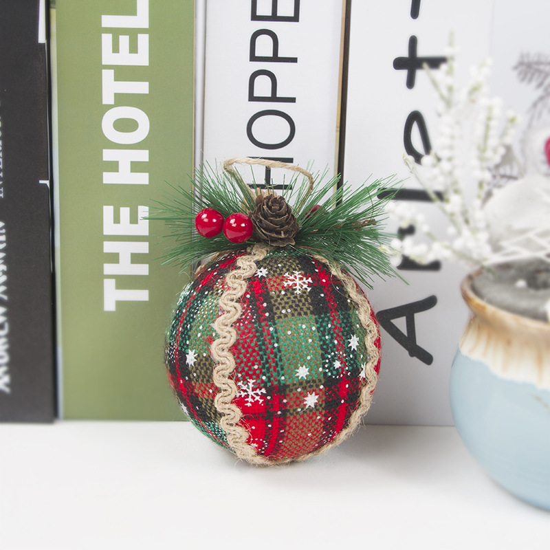 Cross-Border Amazon Christmas Decoration Pendant Simulation Pine Nuts Fabric Red Plaid Christmas ball