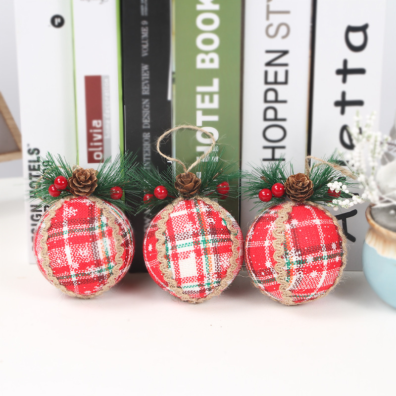 Cross-Border Amazon Christmas Decoration Pendant Simulation Pine Nuts Fabric Red Plaid Christmas ball Cross-Border Amazon Christmas Decoration Pendant Simulation Pine Nuts Fabric Red Plaid Christmas ball