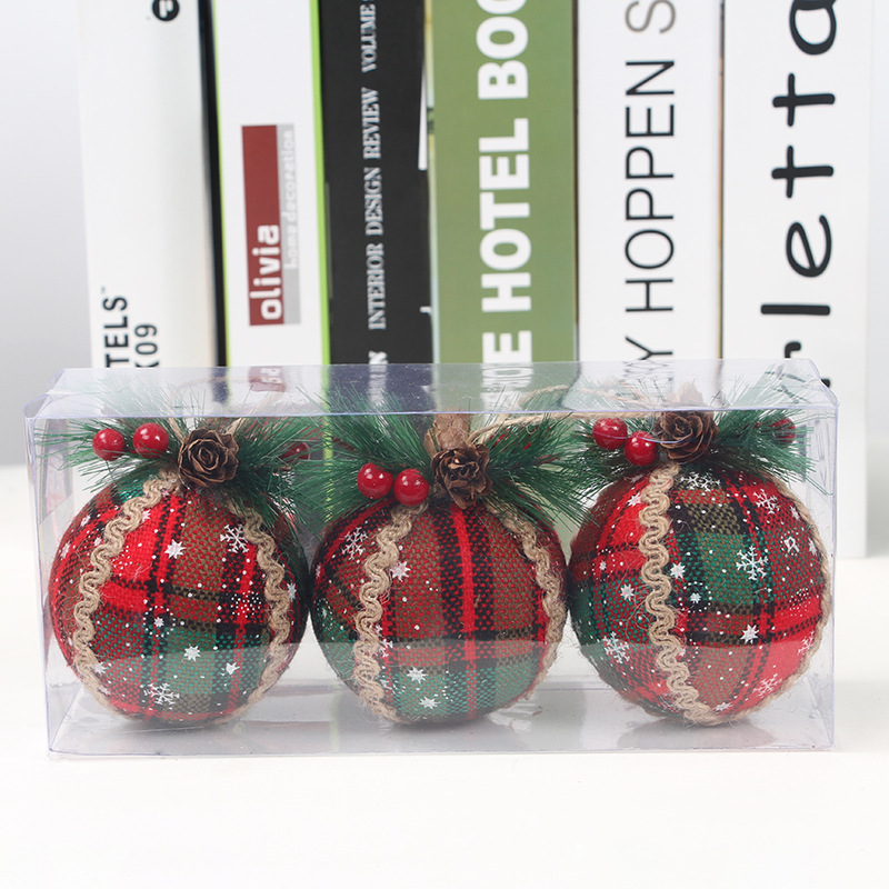 Cross-Border Amazon Christmas Decoration Pendant Simulation Pine Nuts Fabric Red Plaid Christmas ball Cross-Border Amazon Christmas Decoration Pendant Simulation Pine Nuts Fabric Red Plaid Christmas ball