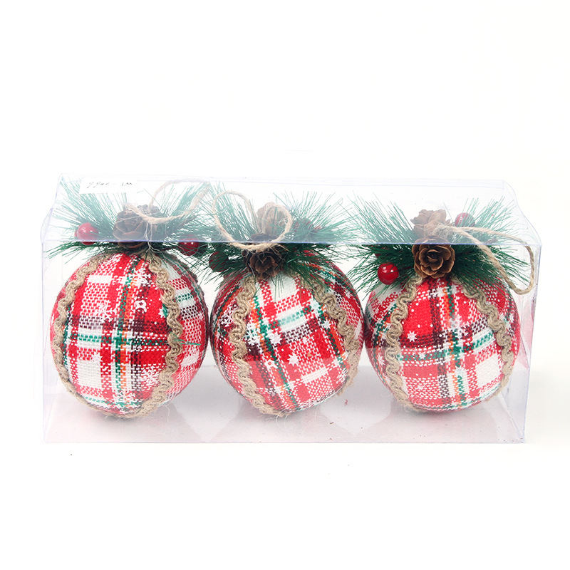 Cross-Border Amazon Christmas Decoration Pendant Simulation Pine Nuts Fabric Red Plaid Christmas ball