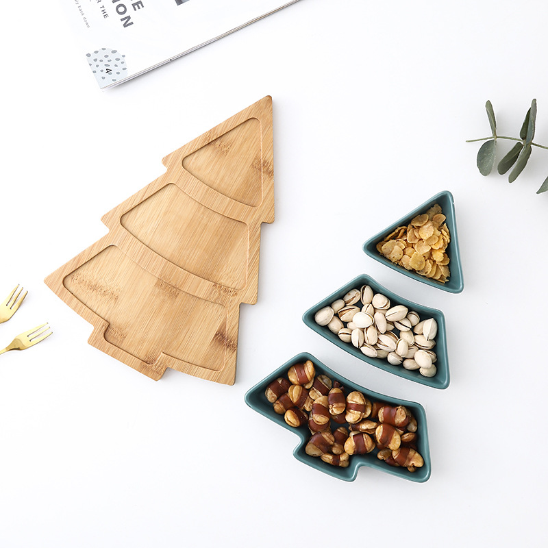 Creative Christmas Tree Ceramic Snack Dish with Bamboo Plate Christmas Tree Plate Dessert Fruit Plate Candy Plate Exclusive for Cross-Border