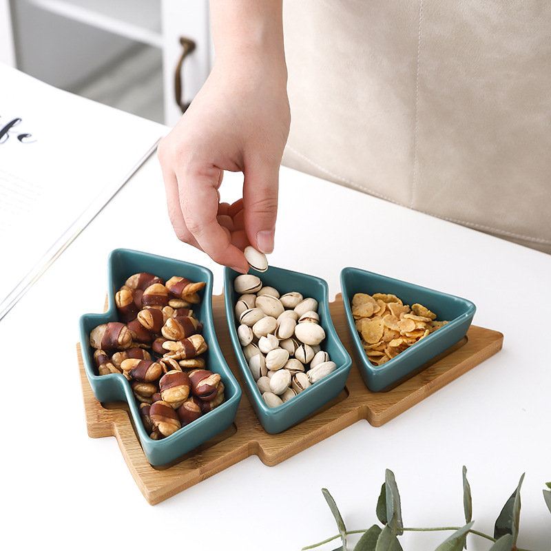 Creative Christmas Tree Ceramic Snack Dish with Bamboo Plate Christmas Tree Plate Dessert Fruit Plate Candy Plate Exclusive for Cross-Border