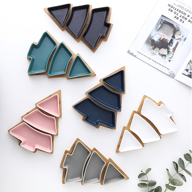Creative Christmas Tree Ceramic Snack Dish with Bamboo Plate Christmas Tree Plate Dessert Fruit Plate Candy Plate Exclusive for Cross-Border
