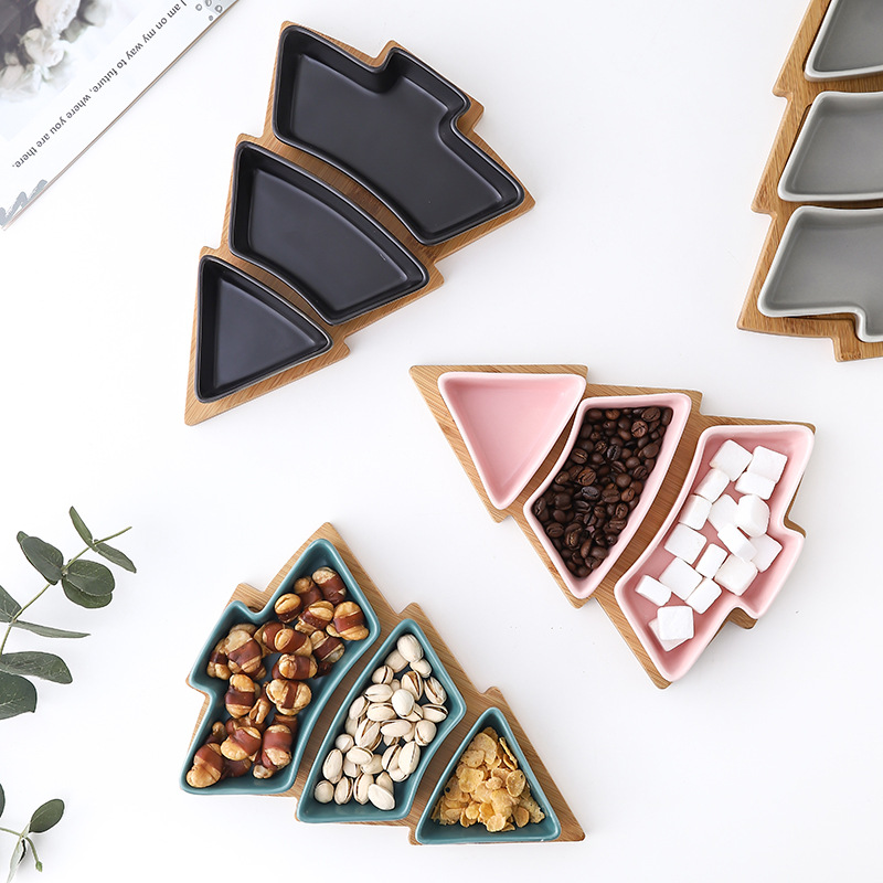 Creative Christmas Tree Ceramic Snack Dish with Bamboo Plate Christmas Tree Plate Dessert Fruit Plate Candy Plate Exclusive for Cross-Border