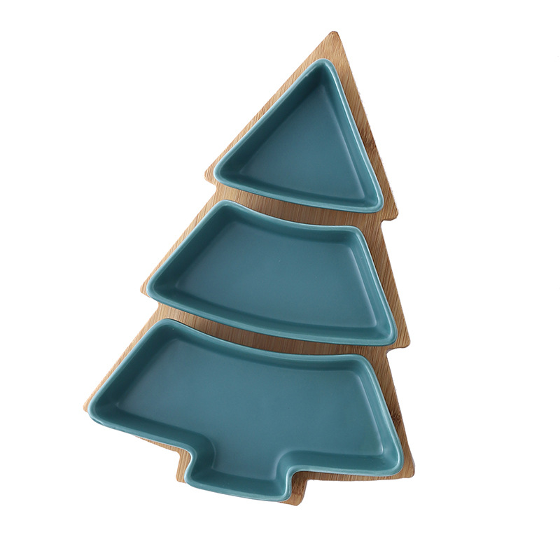 Creative Christmas Tree Ceramic Snack Dish with Bamboo Plate Christmas Tree Plate Dessert Fruit Plate Candy Plate Exclusive for Cross-Border