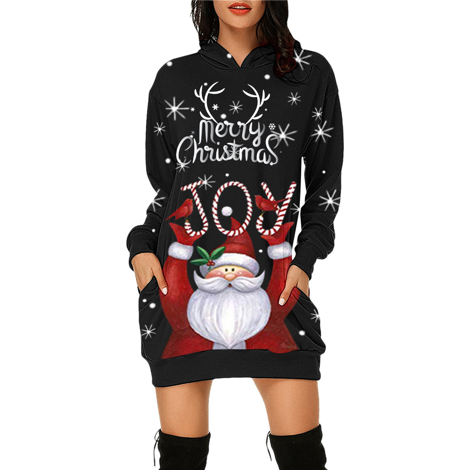 2021 European and American Foreign Trade New Wish Amazon Cross-Border Christmas Floral Print Long Sleeve Pullover Dress Mid-Skirt Women