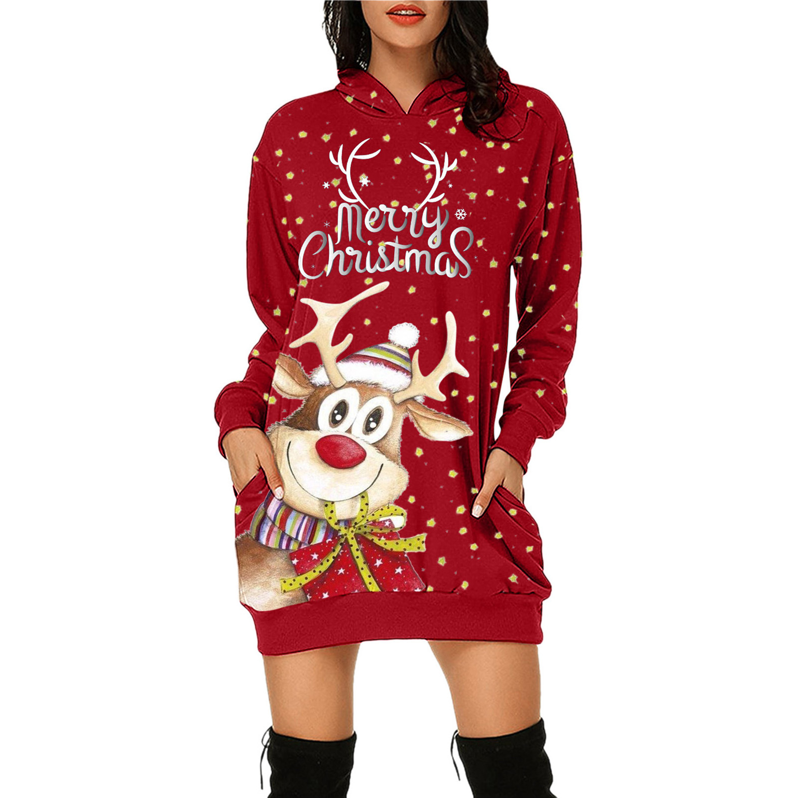 2021 European and American Foreign Trade New Wish Amazon Cross-Border Christmas Floral Print Long Sleeve Pullover Dress Mid-Skirt Women