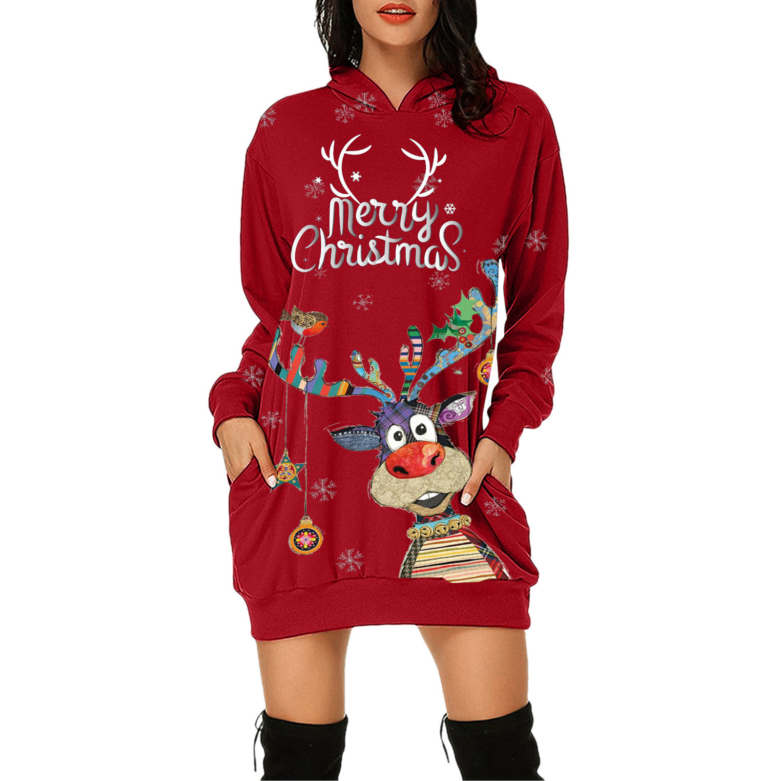 2021 European and American Foreign Trade New Wish Amazon Cross-Border Christmas Floral Print Long Sleeve Pullover Dress Mid-Skirt Women