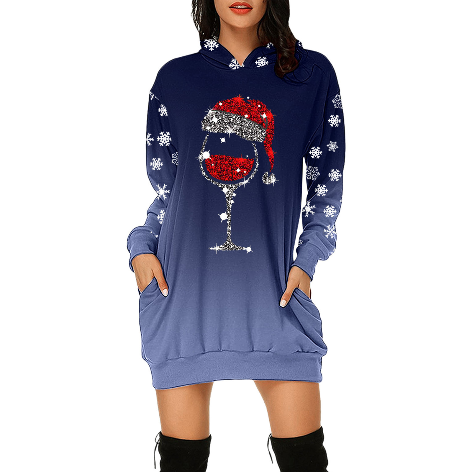 2021 European and American Foreign Trade New Wish Amazon Cross-Border Christmas Floral Print Long Sleeve Pullover Dress Mid-Skirt Women