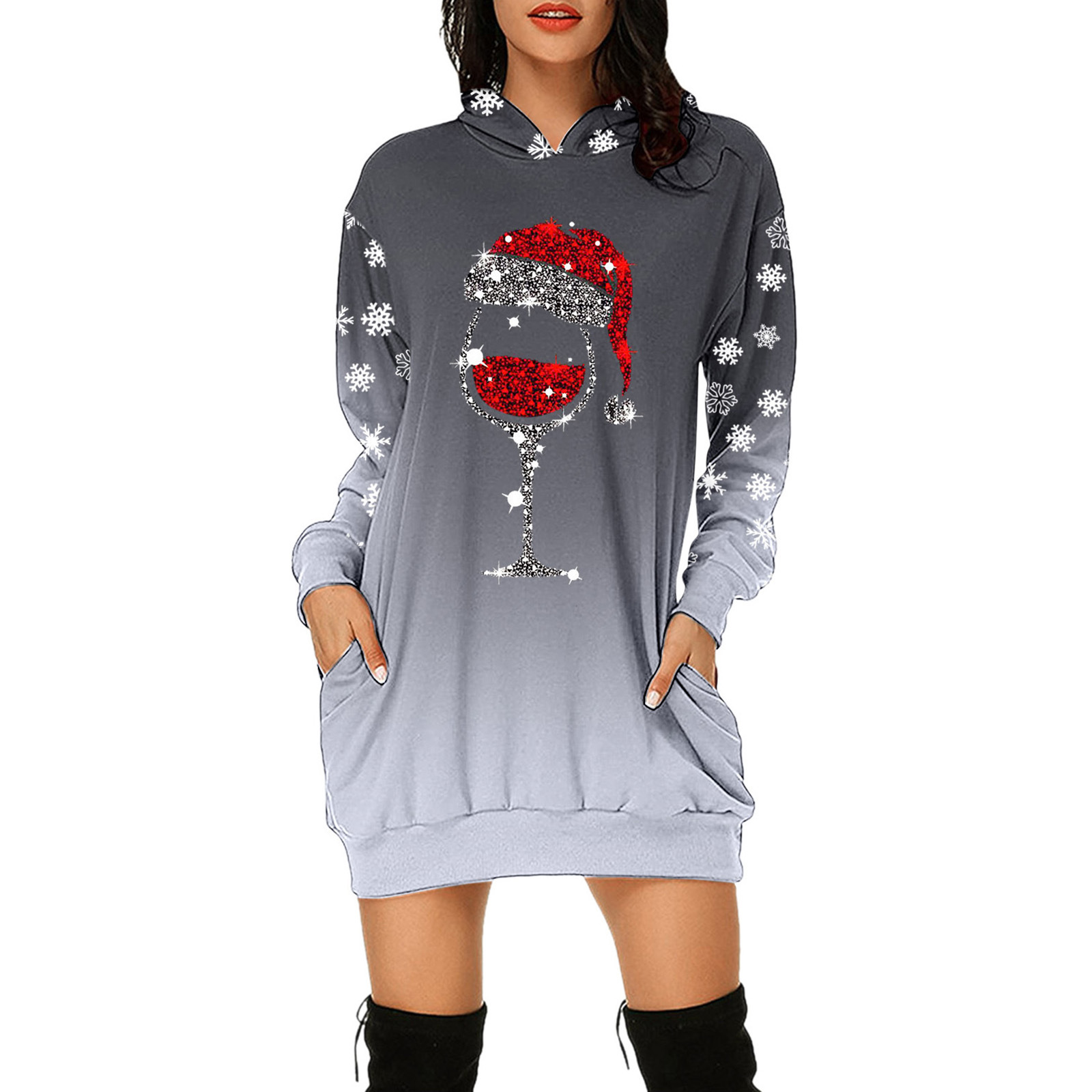 2021 European and American Foreign Trade New Wish Amazon Cross-Border Christmas Floral Print Long Sleeve Pullover Dress Mid-Skirt Women