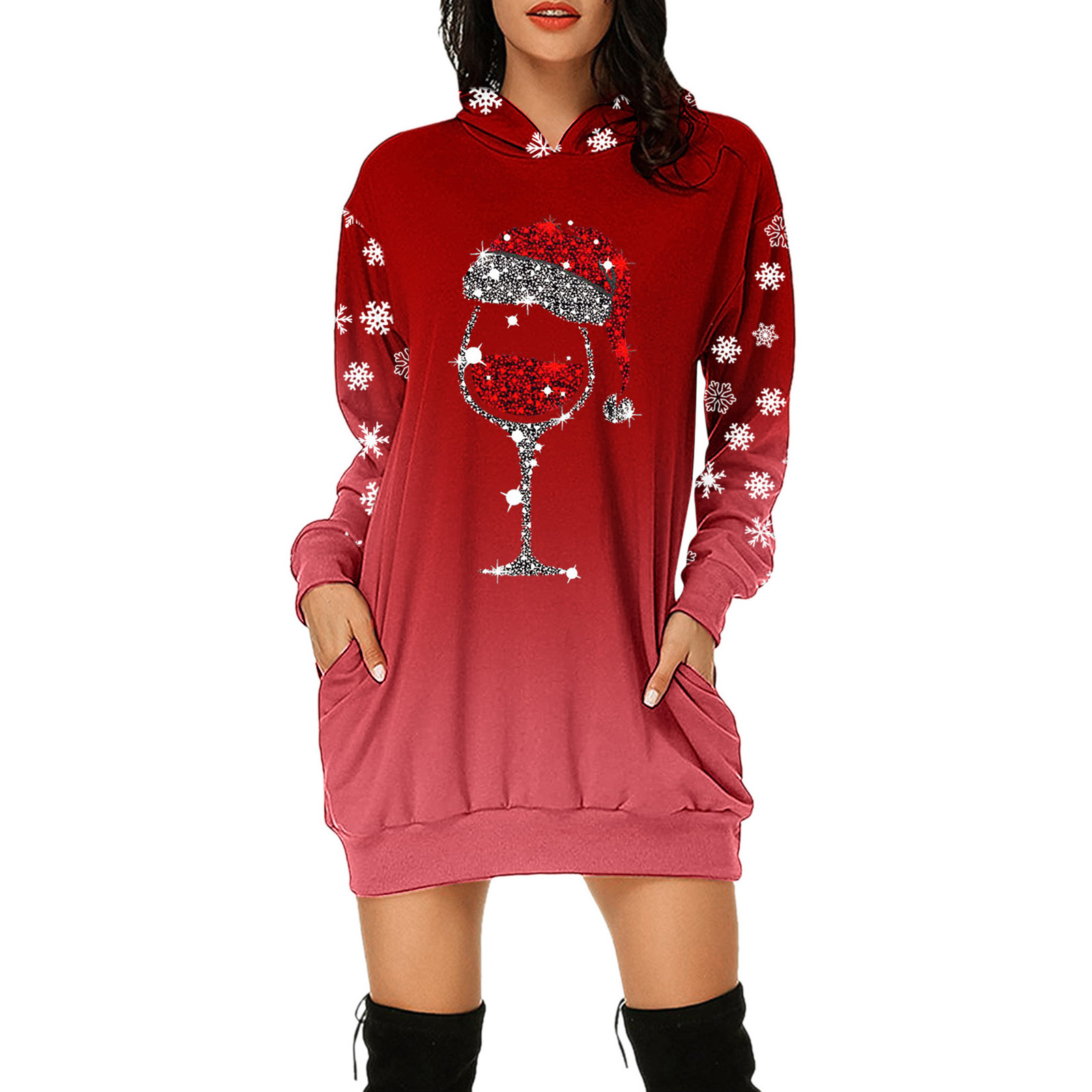 2021 European and American Foreign Trade New Wish Amazon Cross-Border Christmas Floral Print Long Sleeve Pullover Dress Mid-Skirt Women