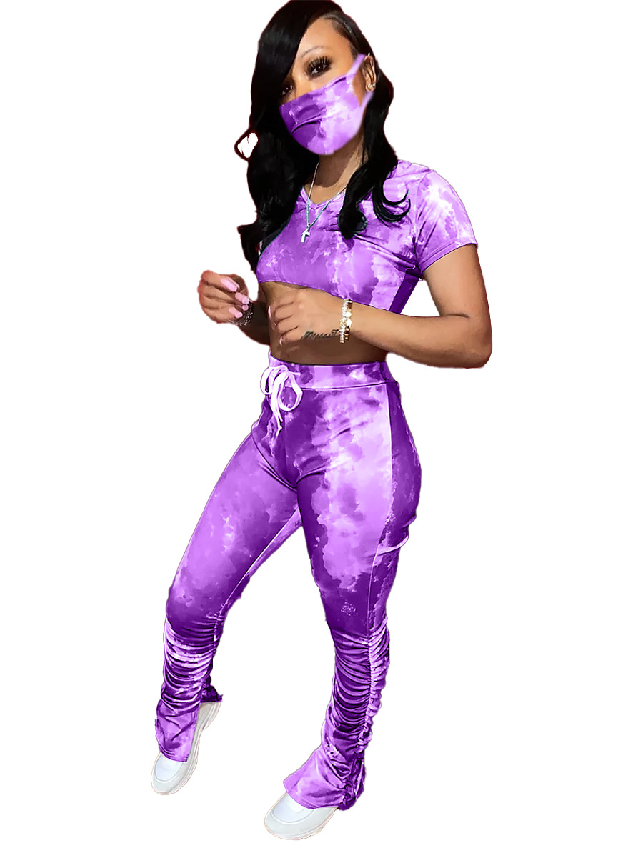 A3193 New European and American women's tie-dye fashion pleated slit Micro trumpet sports suit (including mask) A3193 New European and American women's tie-dye fashion pleated slit Micro trumpet sports suit (including mask)