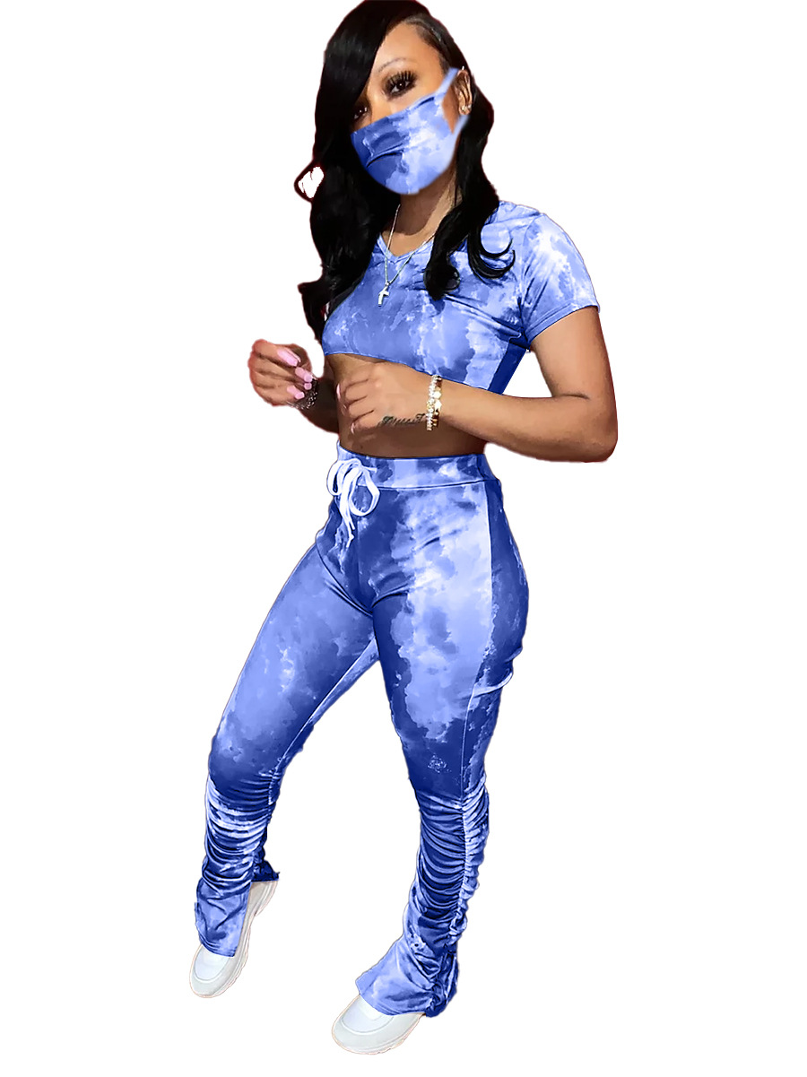 A3193 New European and American women's tie-dye fashion pleated slit Micro trumpet sports suit (including mask) A3193 New European and American women's tie-dye fashion pleated slit Micro trumpet sports suit (including mask)