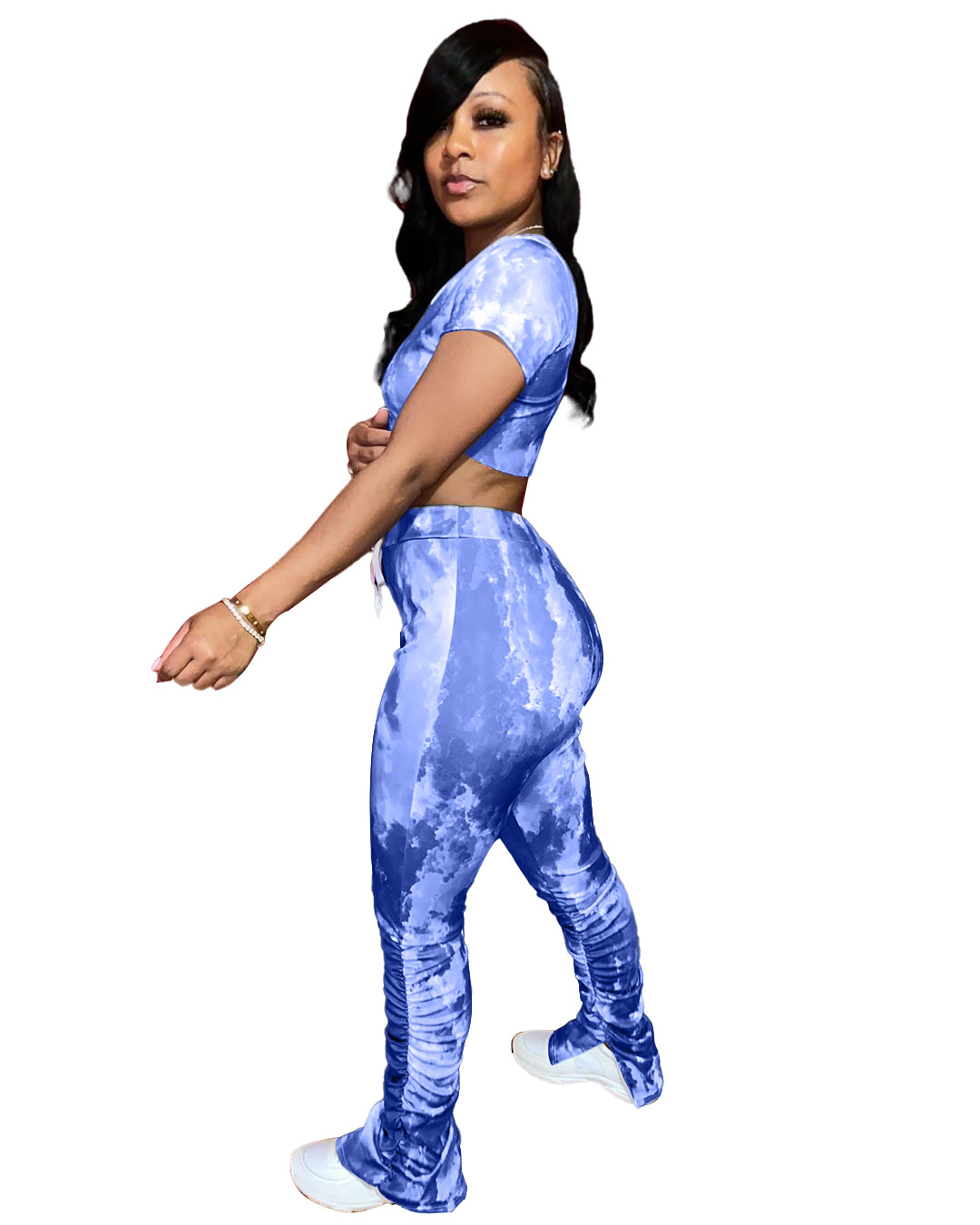 A3193 New European and American women's tie-dye fashion pleated slit Micro trumpet sports suit (including mask) A3193 New European and American women's tie-dye fashion pleated slit Micro trumpet sports suit (including mask)