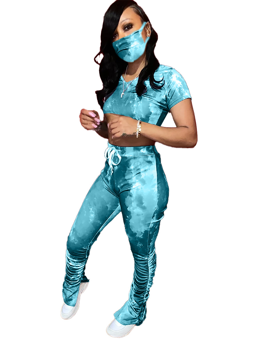 A3193 New European and American women's tie-dye fashion pleated slit Micro trumpet sports suit (including mask) A3193 New European and American women's tie-dye fashion pleated slit Micro trumpet sports suit (including mask)