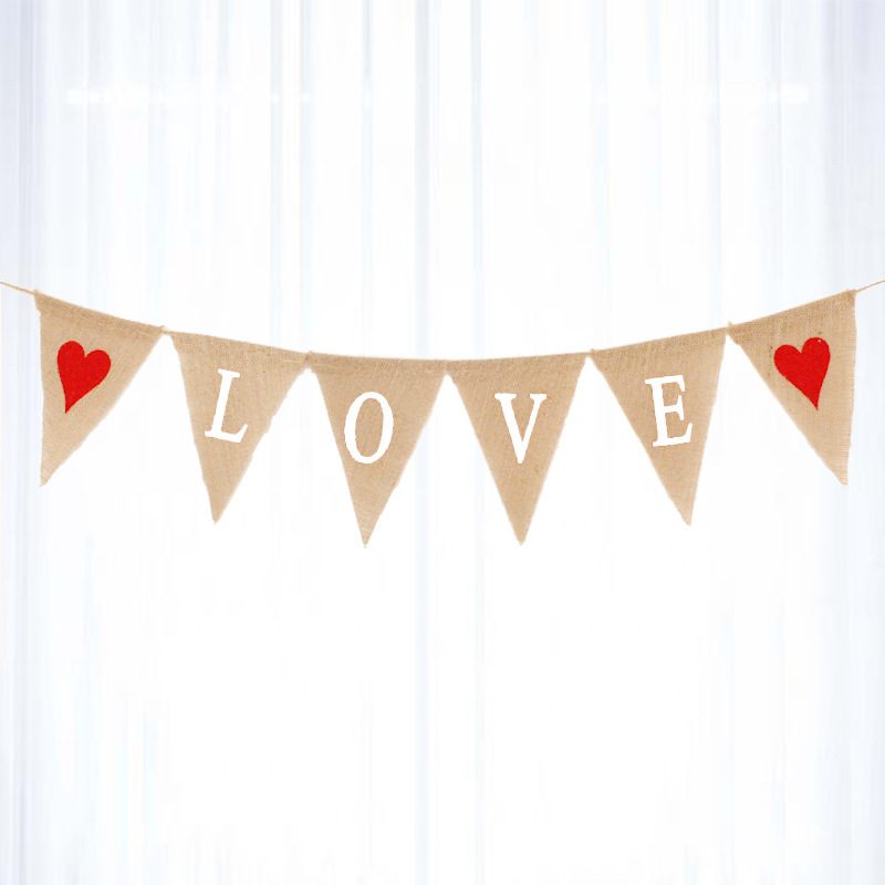 Wedding Party Decoration Garland Marriage Engagement Proposal Valentine&#039;s Day Red Heart Love Linen Triangle Hanging Flag