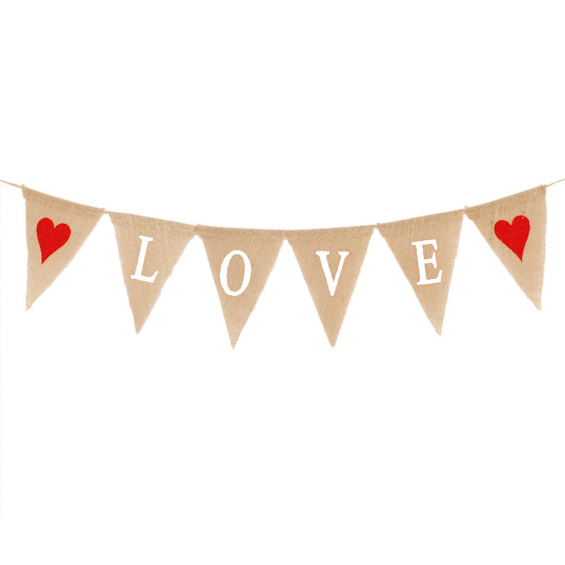 Wedding Party Decoration Garland Marriage Engagement Proposal Valentine&#039;s Day Red Heart Love Linen Triangle Hanging Flag