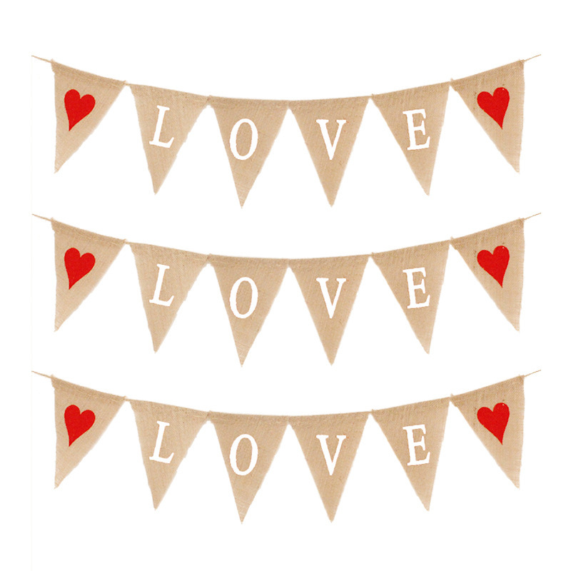 Wedding Party Decoration Garland Marriage Engagement Proposal Valentine&#039;s Day Red Heart Love Linen Triangle Hanging Flag