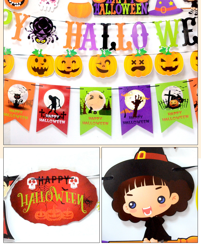 Halloween Party Decorations Halloween Triangle Hanging Flag Bat Skull Pumpkin Paper Latte Art Halloween Hanging Flag
