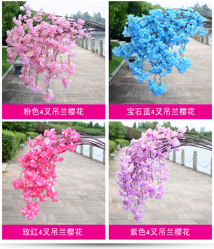 Artificial Cheery Branch Ornamental Flower Fake Flower Indoor Wedding Ceiling Decoration Plastic Bouquet Rattan Vine Cherry Tree