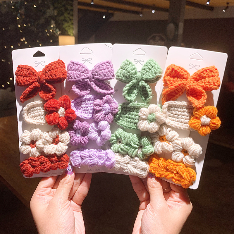 Knitted Bow Barrettes Wool Children&#039;s Hairpin Headdress Girls&#039; Hand-Woven Flowers Folder Women&#039;s Korean Hair Accessories