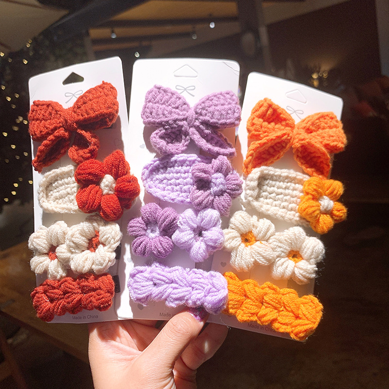 Knitted Bow Barrettes Wool Children's Hairpin Headdress Girls' Hand-Woven Flowers Folder Women's Korean Hair Accessories Knitted Bow Barrettes Wool Children's Hairpin Headdress Girls' Hand-Woven Flowers Folder Women's Korean Hair Accessories