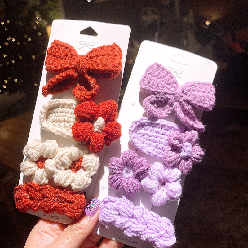 Knitted Bow Barrettes Wool Children's Hairpin Headdress Girls' Hand-Woven Flowers Folder Women's Korean Hair Accessories Knitted Bow Barrettes Wool Children's Hairpin Headdress Girls' Hand-Woven Flowers Folder Women's Korean Hair Accessories