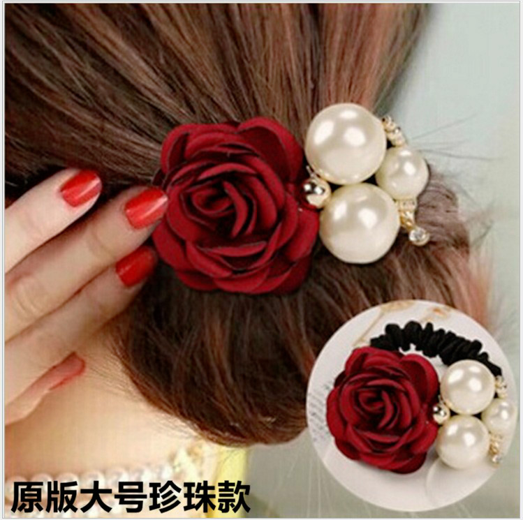 Korean version of fashion hair decoration large pearl rose flowers hair circle camellia hair rope headdress inlaid with
